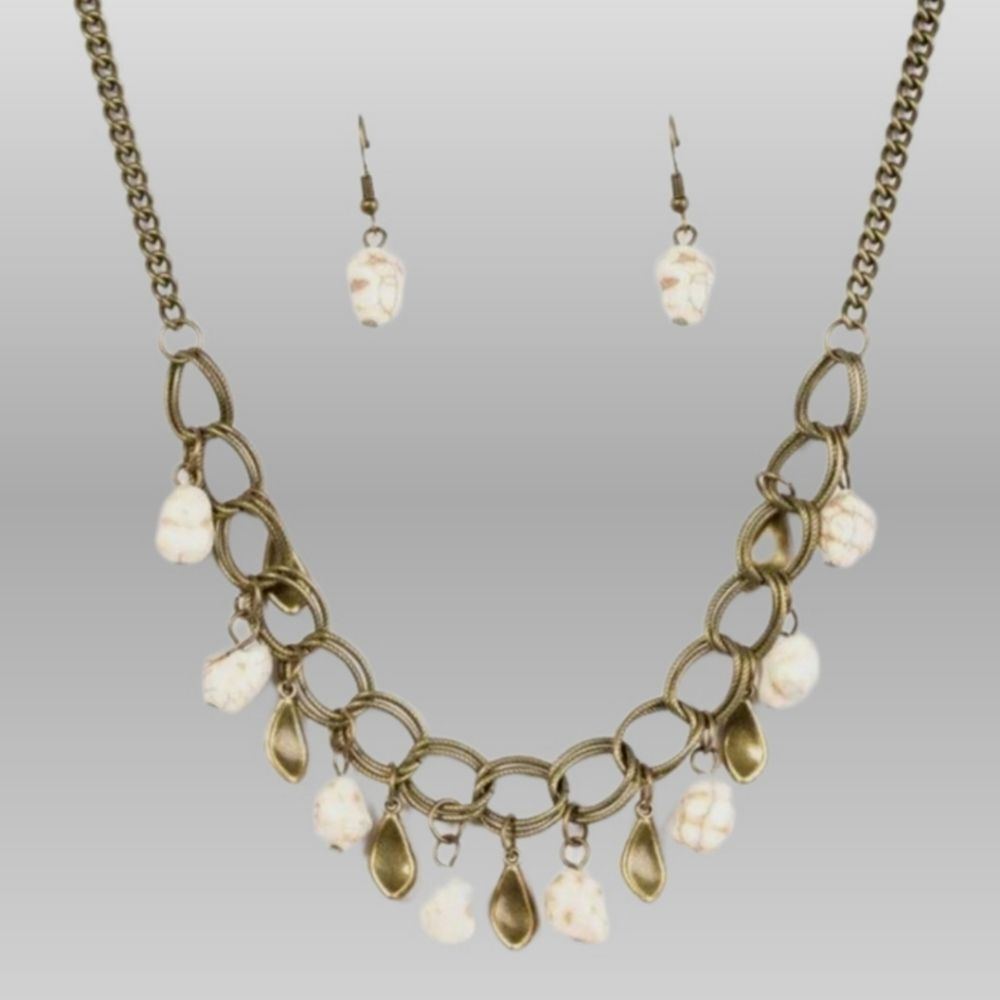 Turquoise Necklace & Matching Earrings Set Brass White Stone Fashion Jewelry